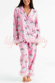 Christmas Besties Party Printed Feather Trim Elastic Waist Pocketed Pajama Set