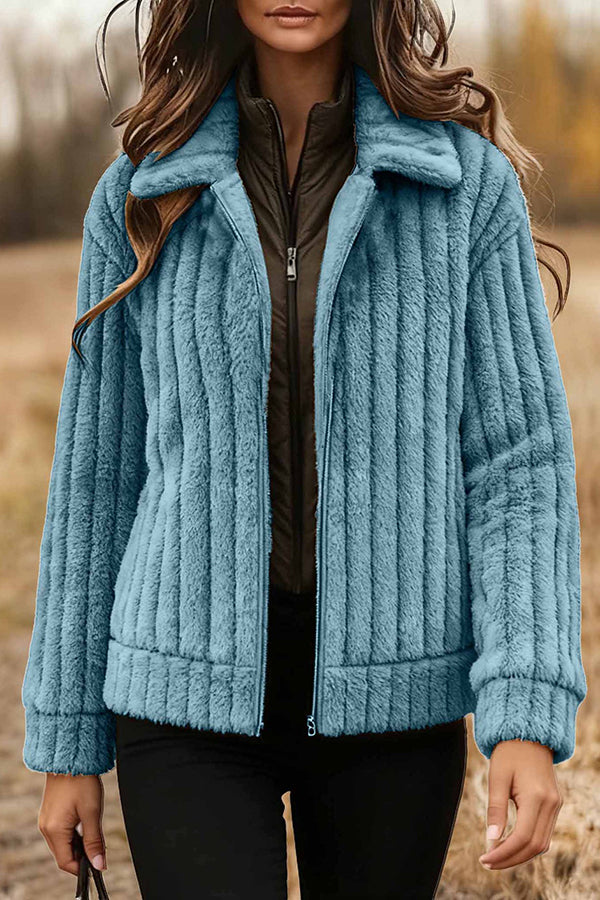 Stylish Long-sleeved Collared Zip-up Casual Plush Coat