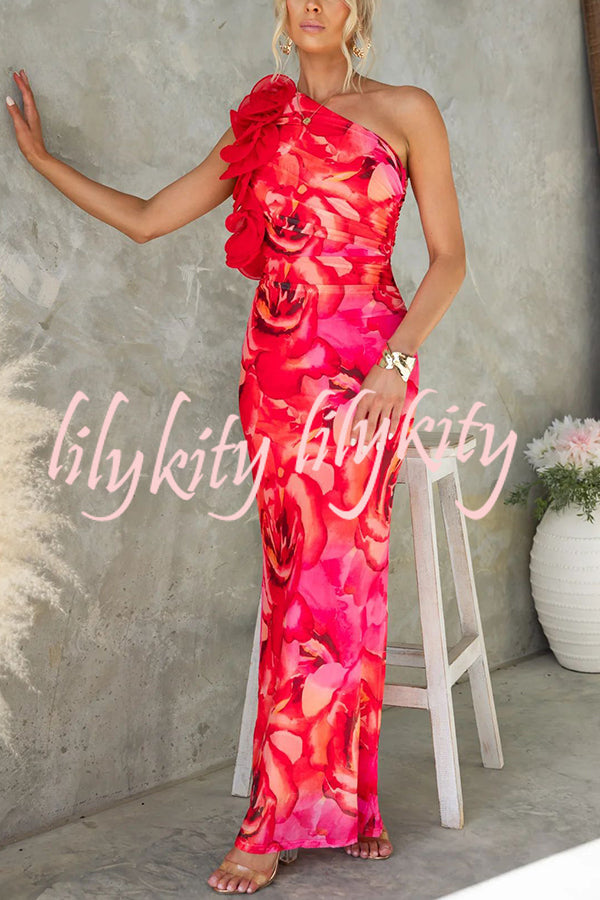 Floral Print Sleeveless 3D Flower One Shoulder Slim Maxi Dress
