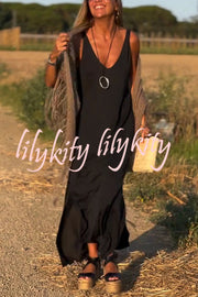 Solid Color V-neck Sleeveless Casual Loose Maxi Dress