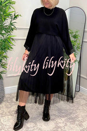 Fenna Ribbed Sequin Trim Batwing Sleeve Sweater and Pleated Tulle Stretch Tank Midi Dress Two-piece Set