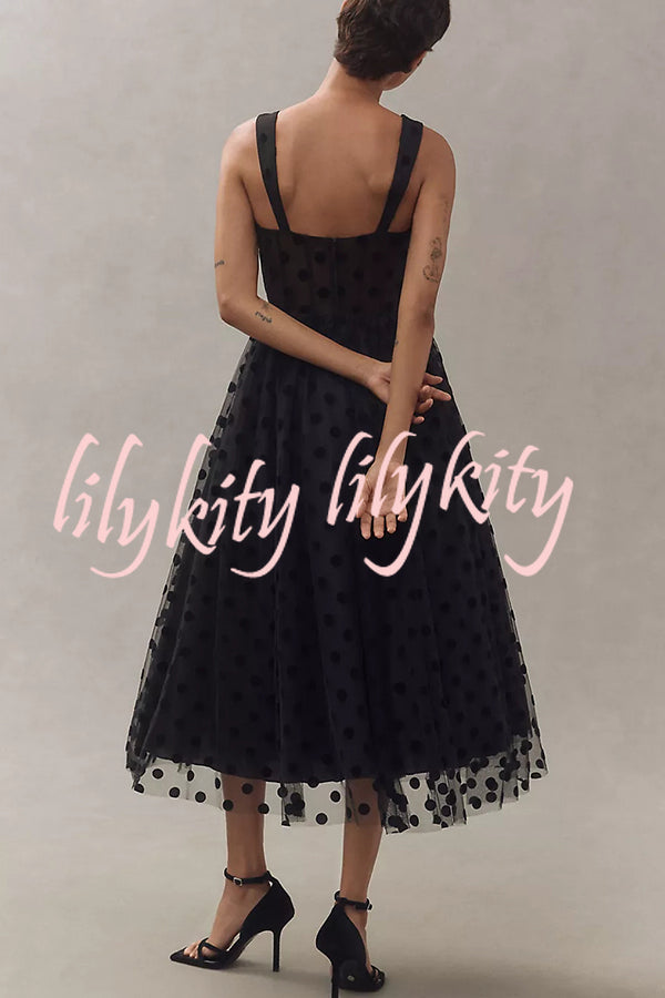 Perfect Guest Tulle Polka Dot Sweetheart Bustier A-Line Midi Dress