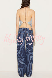 Artistic Girl Satin Unique Print Metal Chain Halter Draped Scarf Tank