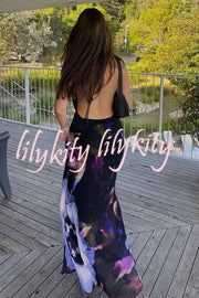 Bold and Sexy Tie-dye Abstract Floral Halter Drape Neck Backless Maxi Dress