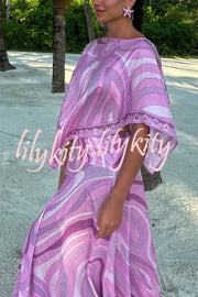 Anzio Satin Unique Print Cape Top and High Rise Elastic Waist A-line Maxi Skirt Set
