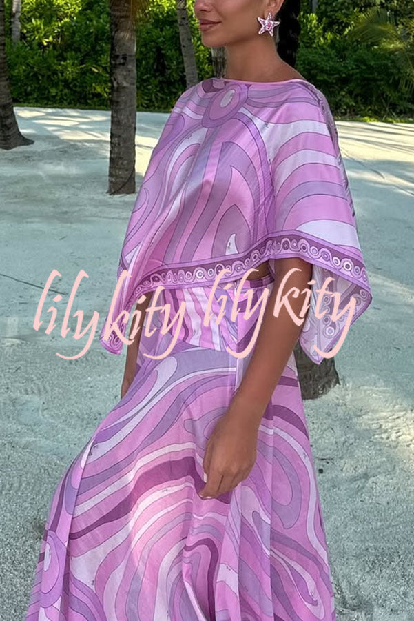 Anzio Satin Unique Print Cape Top and High Rise Elastic Waist A-line Maxi Skirt Set