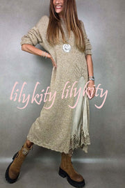 Solid Color Knitted Long-sleeved Casual Slit Midi Dress