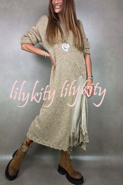 Solid Color Knitted Long-sleeved Casual Slit Midi Dress