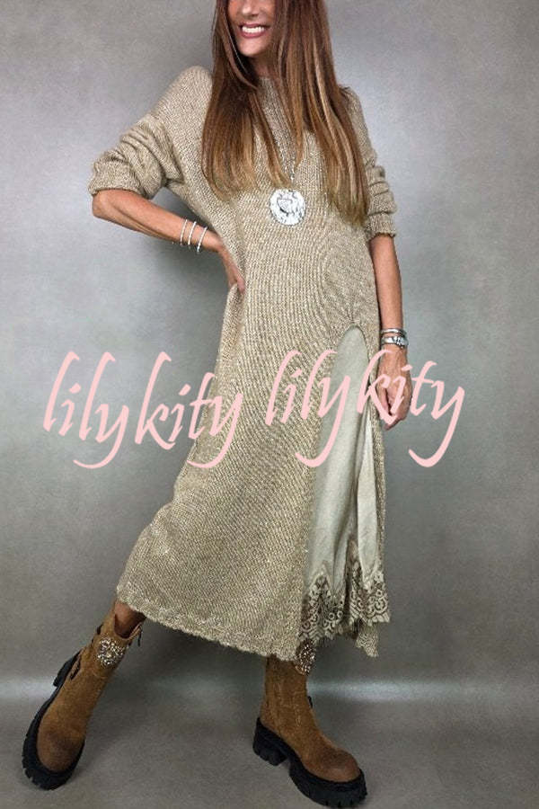 Solid Color Knitted Long-sleeved Casual Slit Midi Dress