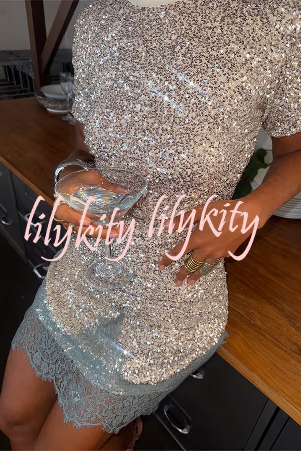 Power of Styling Sequin Lace Trim Elastic Waist Mini Skirt