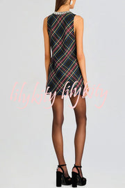 Elegant Demeanor Satin Gemstone Trim Deep V-Neck Tank H-line Mini Dress