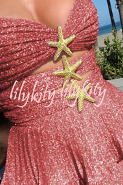 Little Mermaid Glitter Fabric Metal Starfish Hollow Layered Stretch One-piece Swimsuit