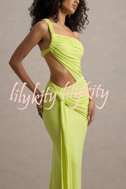 Sexy One-shoulder Backless Ribbon Pleated Slim Maxi Dress