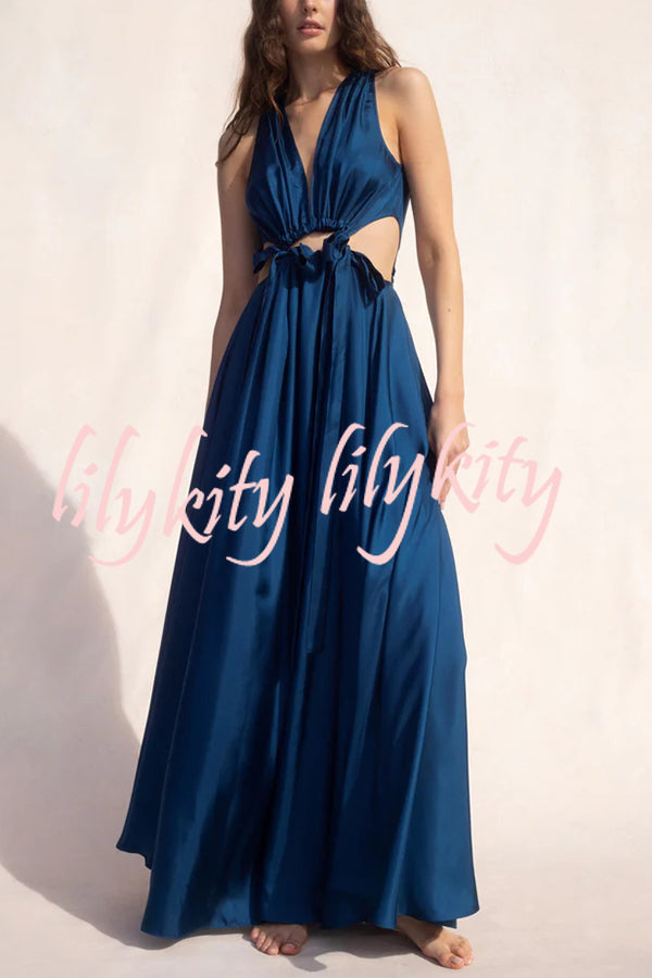 Midnight Charm Satin Ruched Cutout Tie-up Maxi Dress