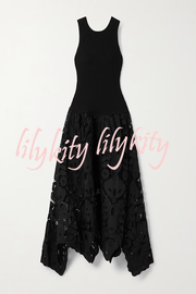 Atlas Asymmetric Ribbed-knit and Guipure Lace Back Zipper Midi Dress