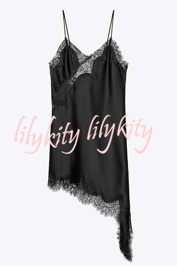 Elouise Satin Lace Trim V-neck Asymmetrical Hem Slip Mini Dress