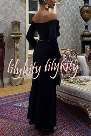Fashion Knitted Off-the-shoulder Long-sleeved Top and Elastic Slit Maxi Skirt Set