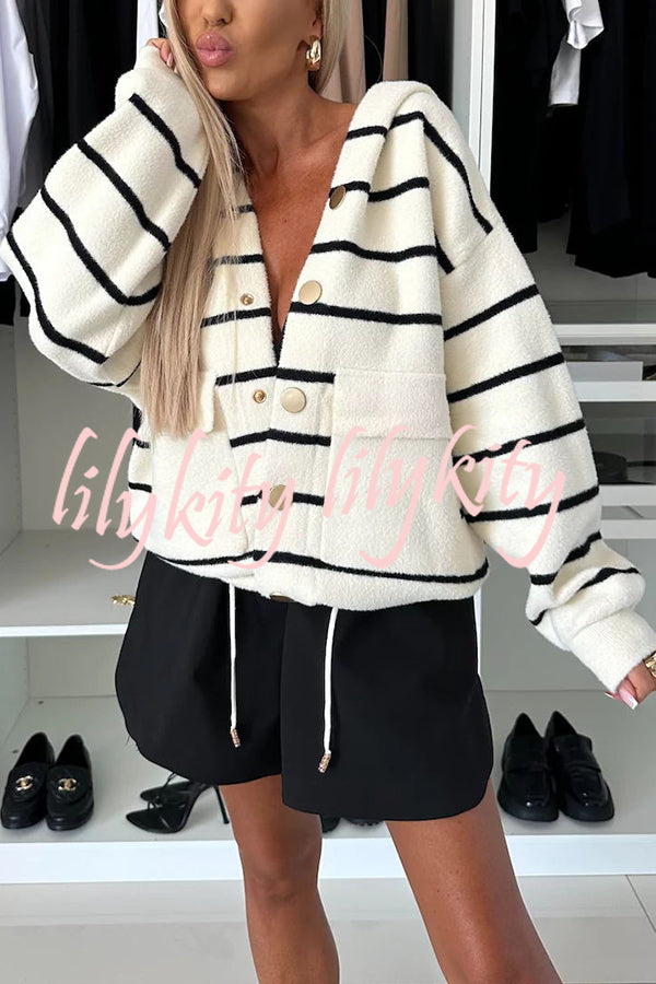 Fashion and Comfort Knit Striped Button Up Pocketed Loose Hooded Cardigan