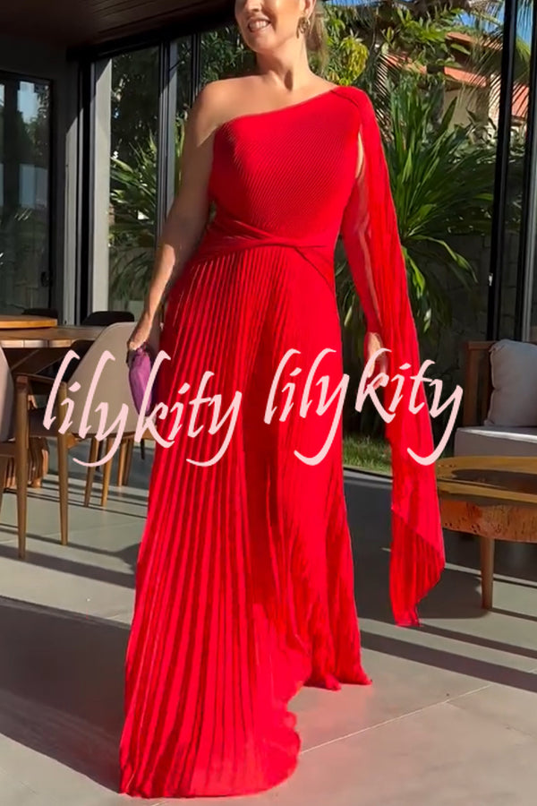 Kate Pleated One Shoulder Drape Sleeve Twist Waist Maxi Dress