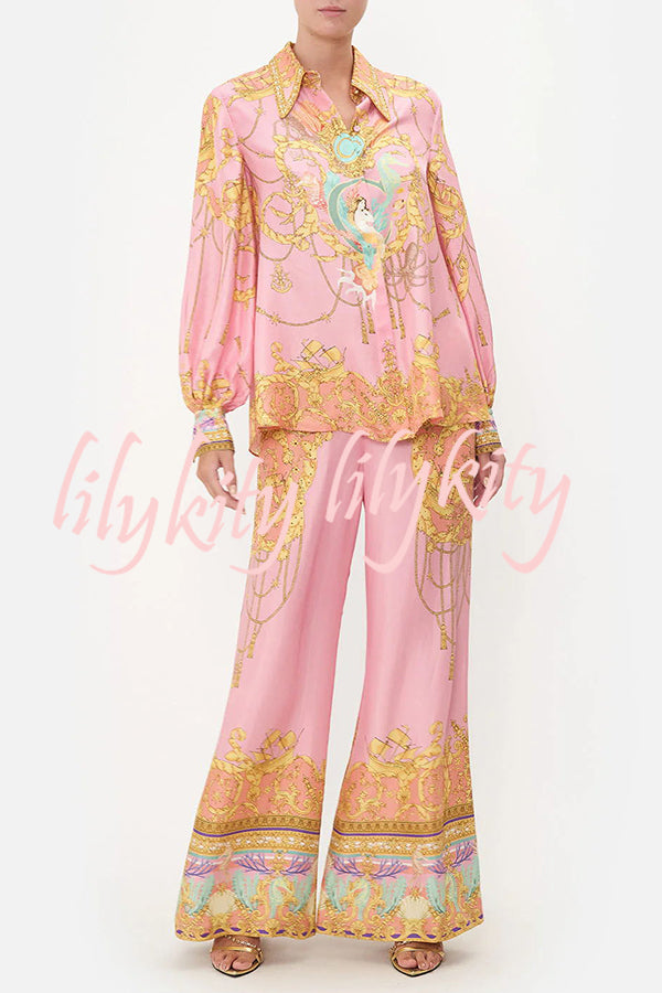 Mermaid Motel Unique Print Long Sleeve Loose Shirt and Elastic Waist Pants Set