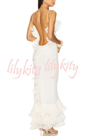 Alisin Pleated Chiffon Wavy Ruffles Trim Slip Maxi Dress