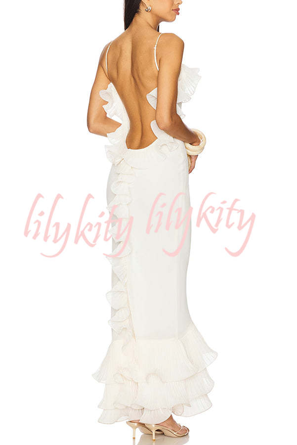 Alisin Pleated Chiffon Wavy Ruffles Trim Slip Maxi Dress