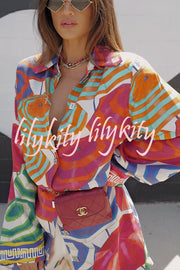 Elouise Satin Color Block Art Print Long Sleeve Button Back Elastic Waist H-line Mini Dress