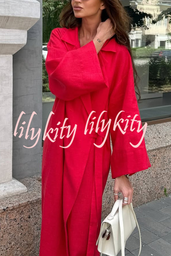 Linen Blend Solid Color Casual Lapel Tie Loose Maxi Dress