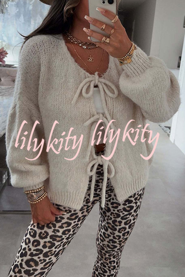 Solid Color Long-sleeved V-neck Lace-up Loose Knitted Sweater