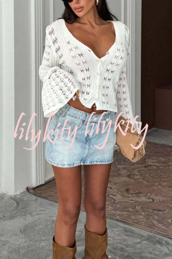 Fashion Hollow Button Long Sleeve V-neck Knitted Cardigan