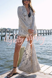 Live By Water Satin Unique Print Tassle Shirt and Elastic Waist Shorts Set