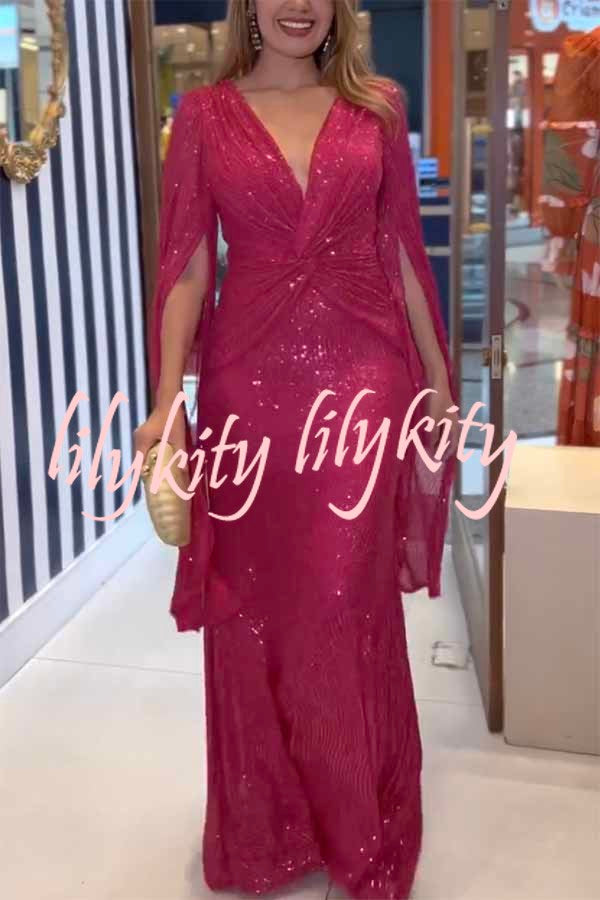 Shine Brighter Sequin Cape Sleeve Cross Waist Evening Maxi Dress