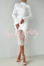 Melissa Satin High Neck Long Sleeve Curved Hem Top and Lace Midi Skirt Set