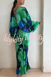 Tropical Oasis Capri Print Kimono Sleeve Pleated Cocoon Maxi Dress