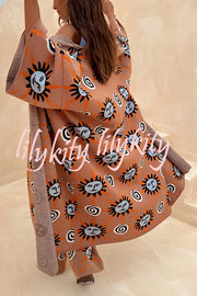 Mediterranean Art Knit Unique Sun Vortex Print Bell Sleeve Long Cardigan