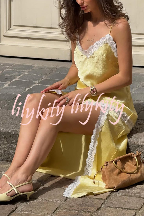 Sweet Trend Satin Lace Trim V-neck Slit Slip Maxi Dress