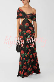 Rose Print Sexy Strapless Backless Slim Maxi Dress