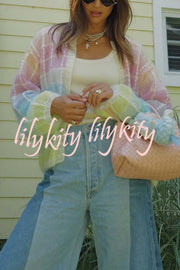 Palette Day Knit Color Blocks Open Front Balloon Sleeve Loose Cardigan