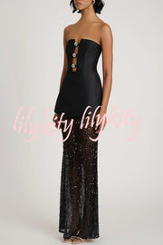 Nerissa Satin cutout metal ball Patchwork sequin hem strapless maxi dress