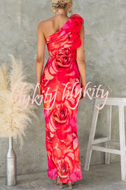 Floral Print Sleeveless 3D Flower One Shoulder Slim Maxi Dress