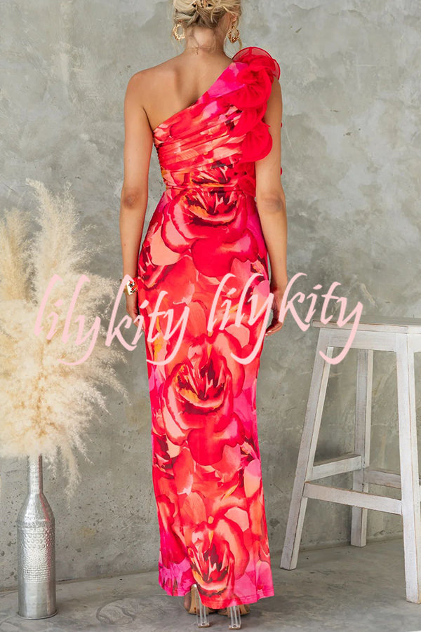 Floral Print Sleeveless 3D Flower One Shoulder Slim Maxi Dress