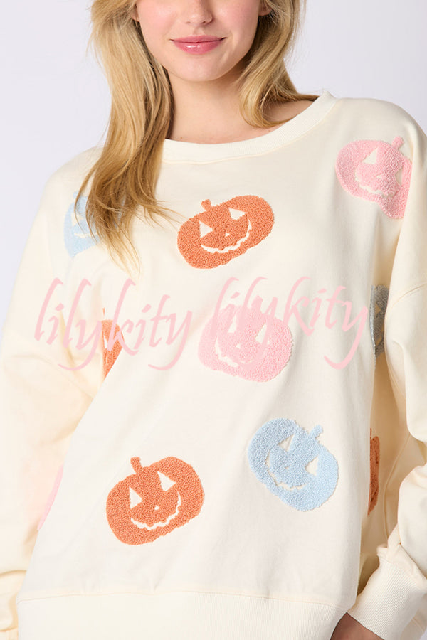 Halloween Colorful Pumpkin Embroidered Loose Casual Sweatshirt