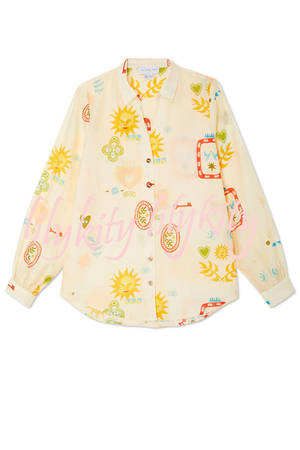 Funny Vacation Unique Printed Long Sleeve Shirt and Elastic Waist Pocket Loose Shorts Set