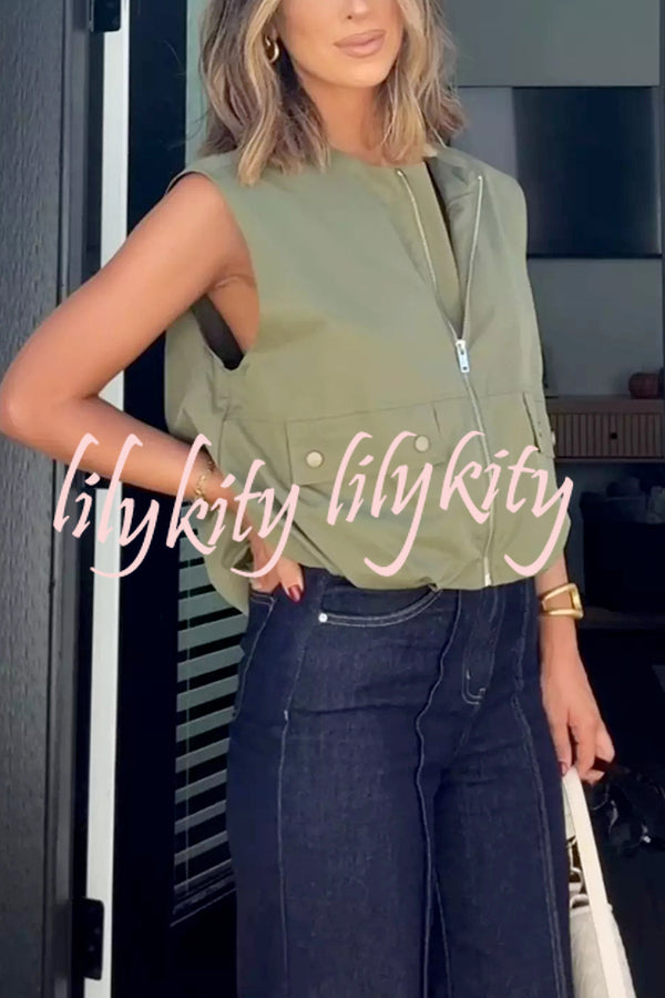 Fashion Zipper Sleeveless Pocket Loose Vest Jacket