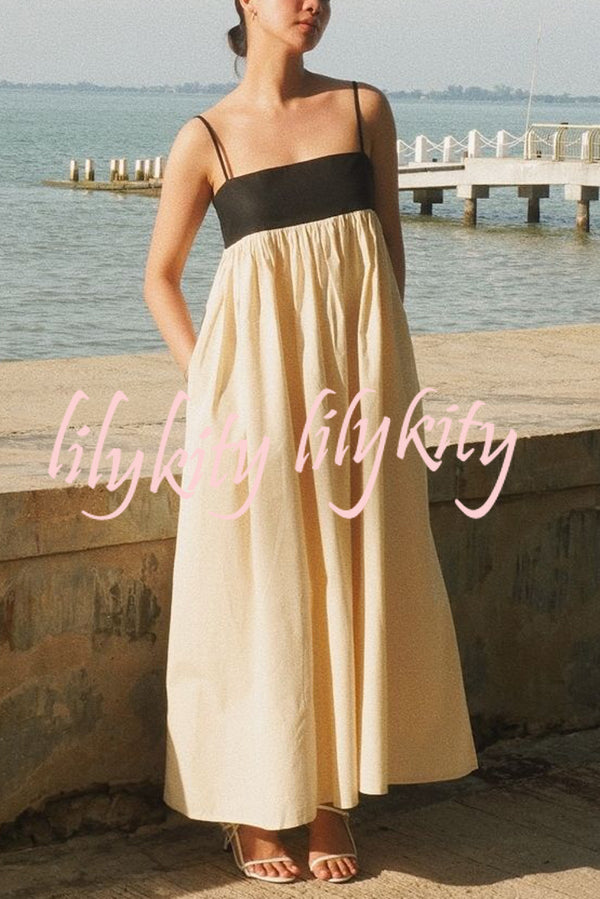 Linen Blend Sexy Sling Backless Contrast Maxi Dress