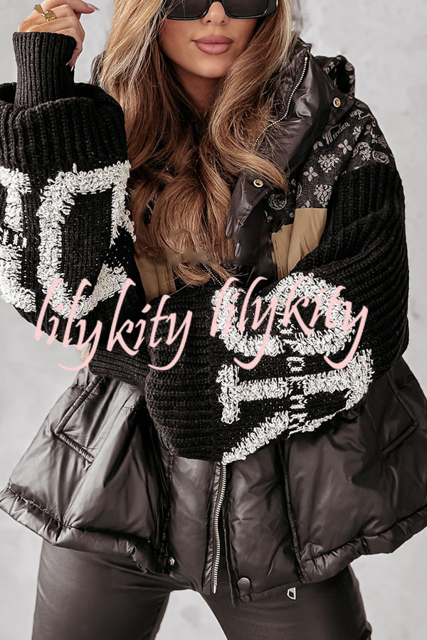 Stylish Denim Knit Long-sleeved Patchwork Hooded Pocket Thickened Jacket