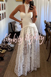 A Girls' Trip Lace High Neck Cutout Drop Waist Ruffles Maxi Dress