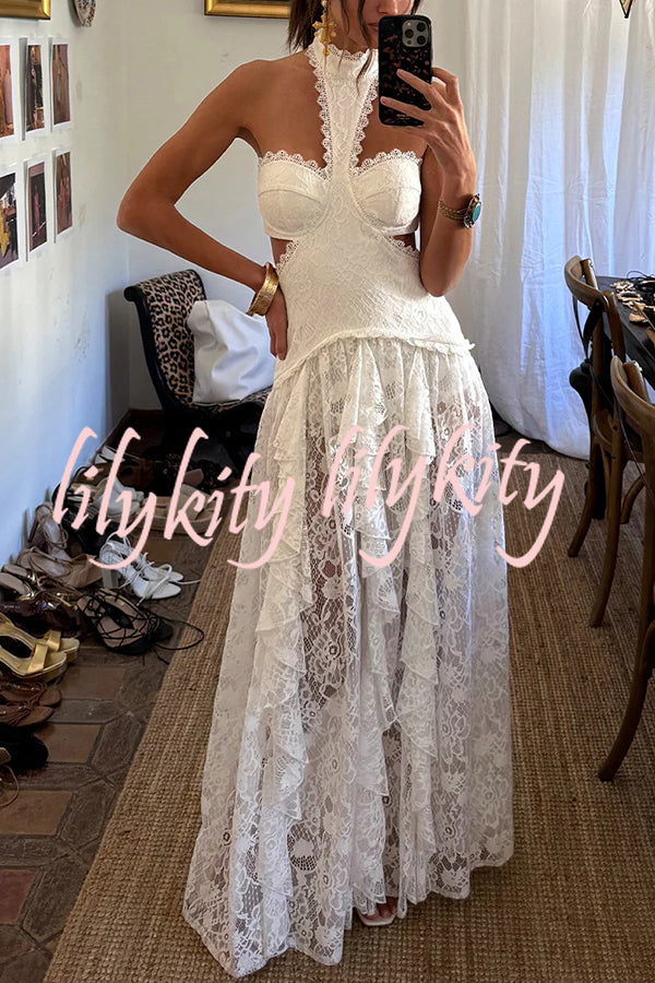 A Girls' Trip Lace High Neck Cutout Drop Waist Ruffles Maxi Dress