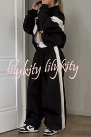 Fashionable Contrasting Long-sleeved Loose Coat and Elastic Waist Wide-leg Pants Set