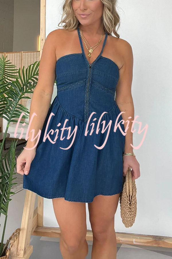 Sexy Halter Neck Backless Front Zip Denim Mini Dress